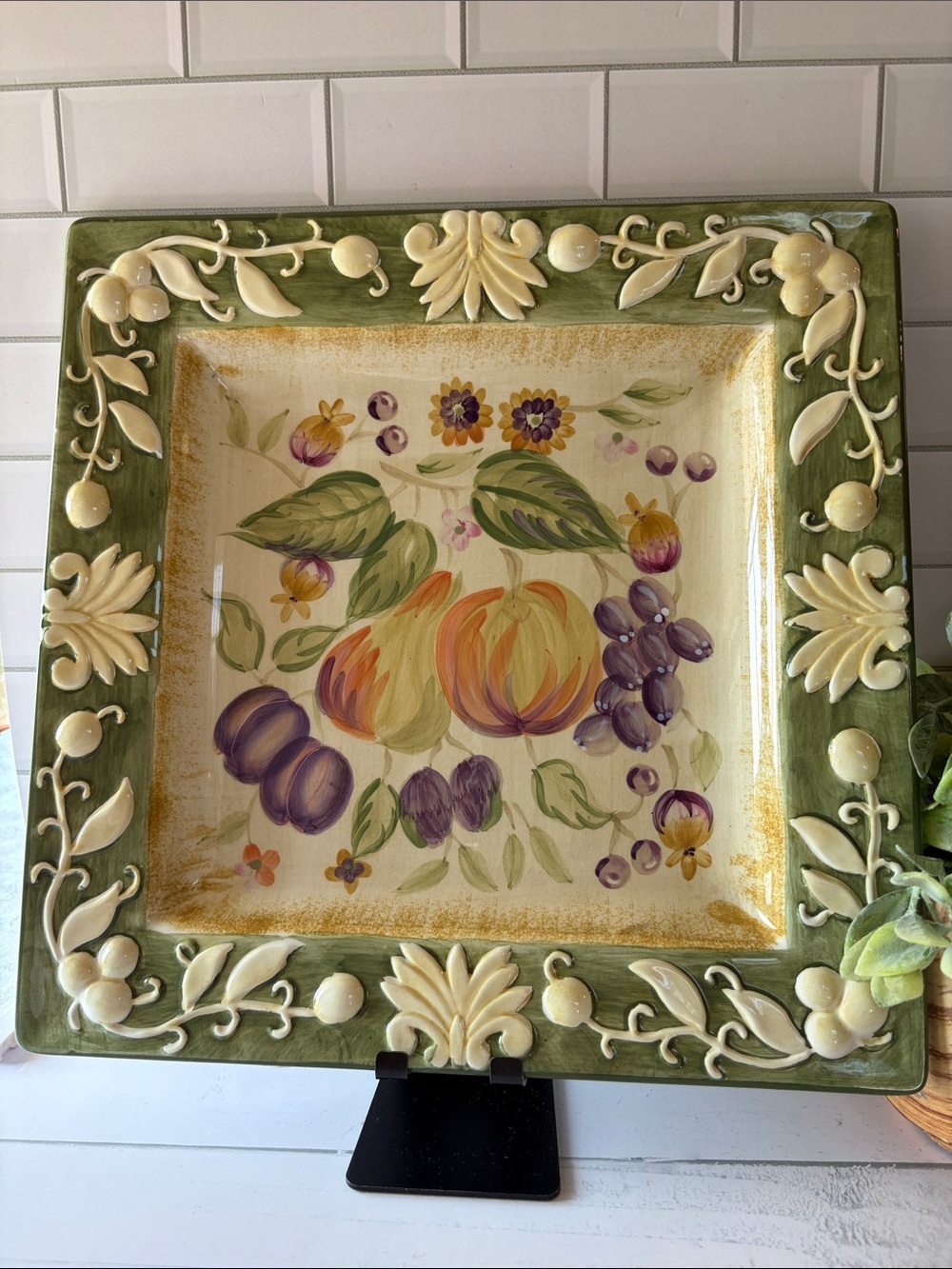 Hand-Painted Green Fruit Motif Square Serveware Platter